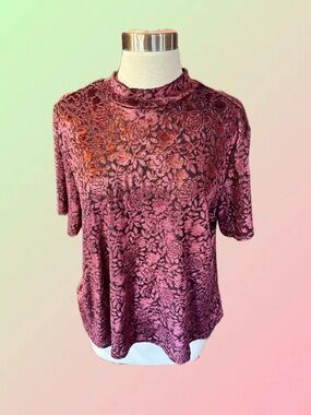 90s Vintage Kathie Lee Collection Velvet Burnout Floral Top - XL Burgundy
